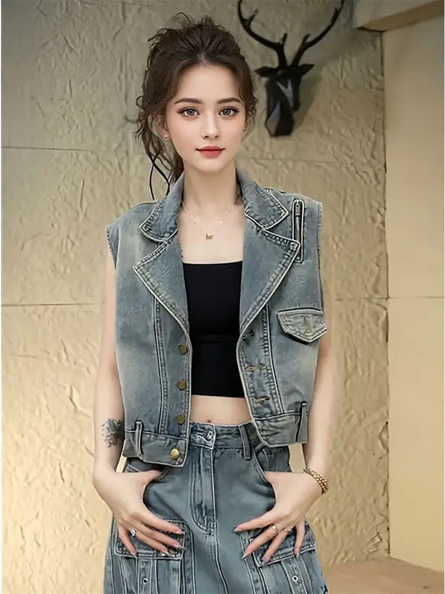 Women's Retro Denim Vest Sleeveless Cropped Jacket