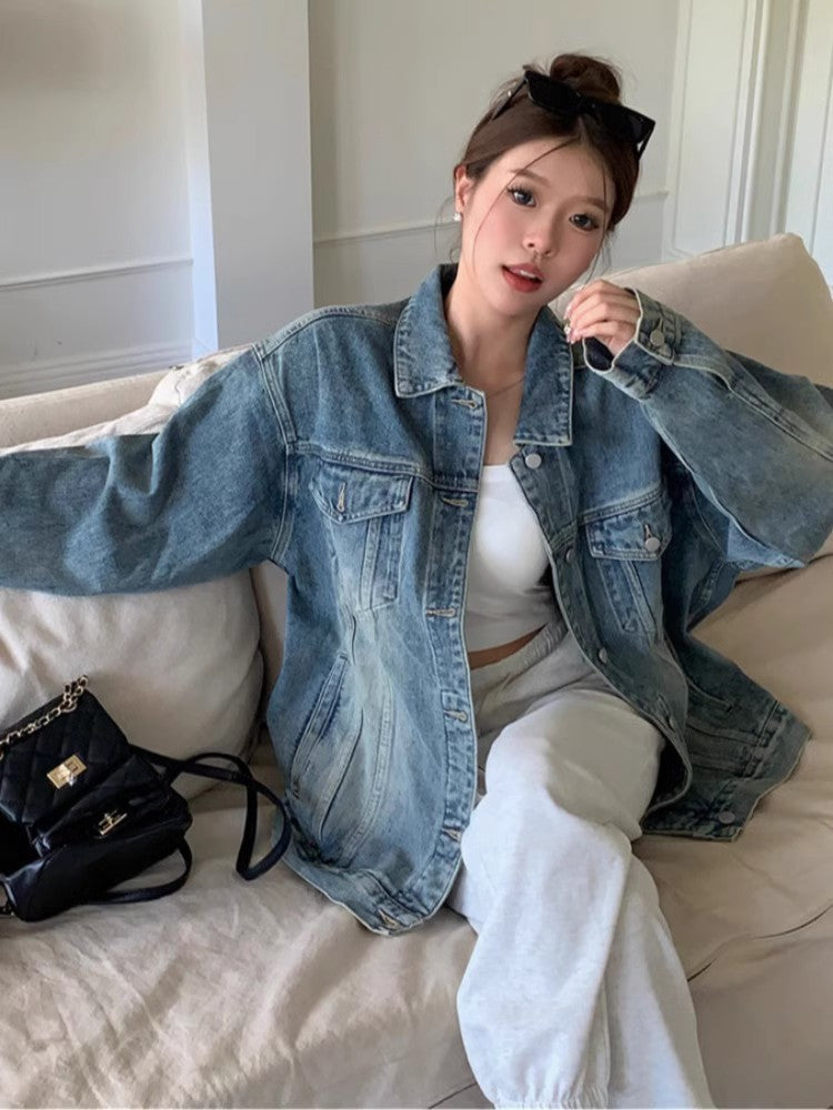 Unisex Retro Denim Jacket Relaxed Fit Casual Outerwear