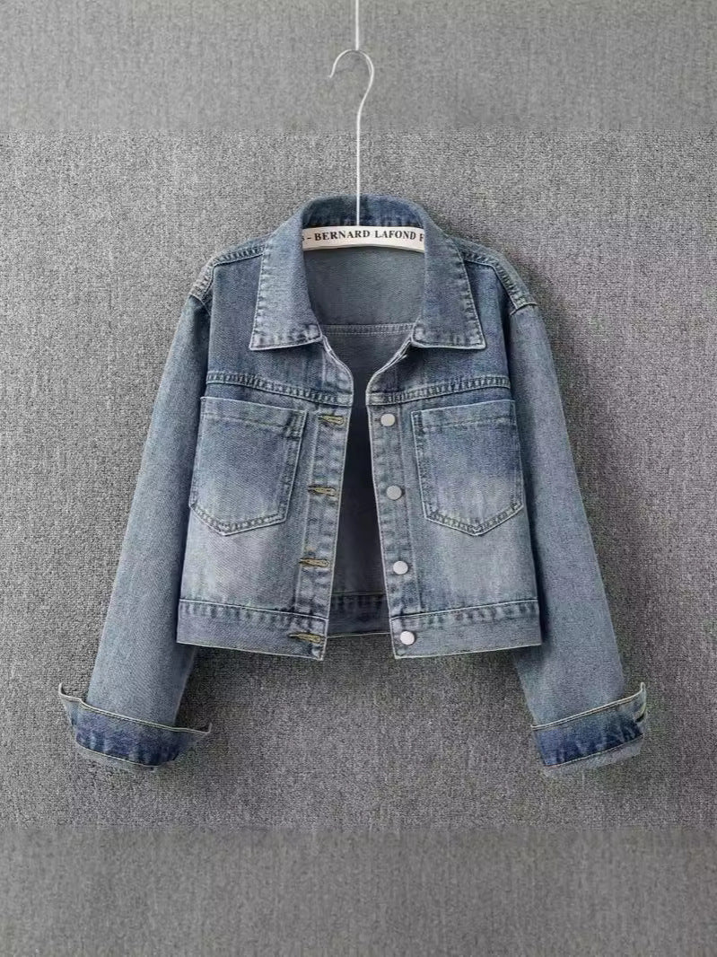 Women's Vintage Washed Denim Jacket Cropped Casual Outerwear