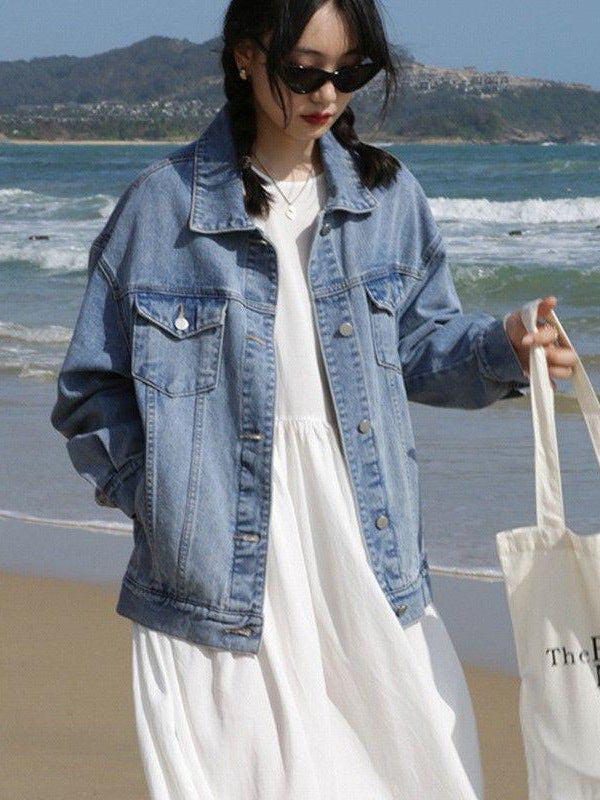 Women's Retro Washed Denim Jacket Relaxed Fit Casual Top