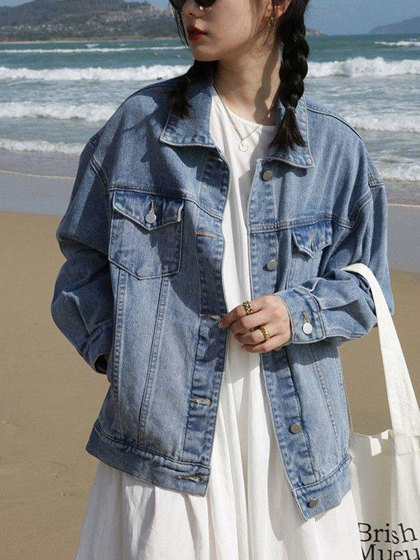 Women's Retro Washed Denim Jacket Relaxed Fit Casual Top