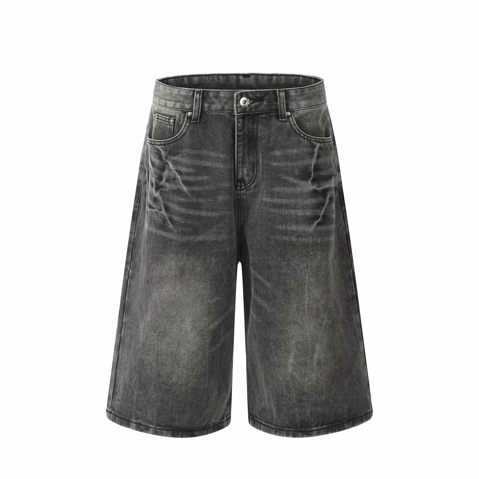 Unisex Retro Washed Denim Shorts Loose Wide-Leg Mid-Length Fit
