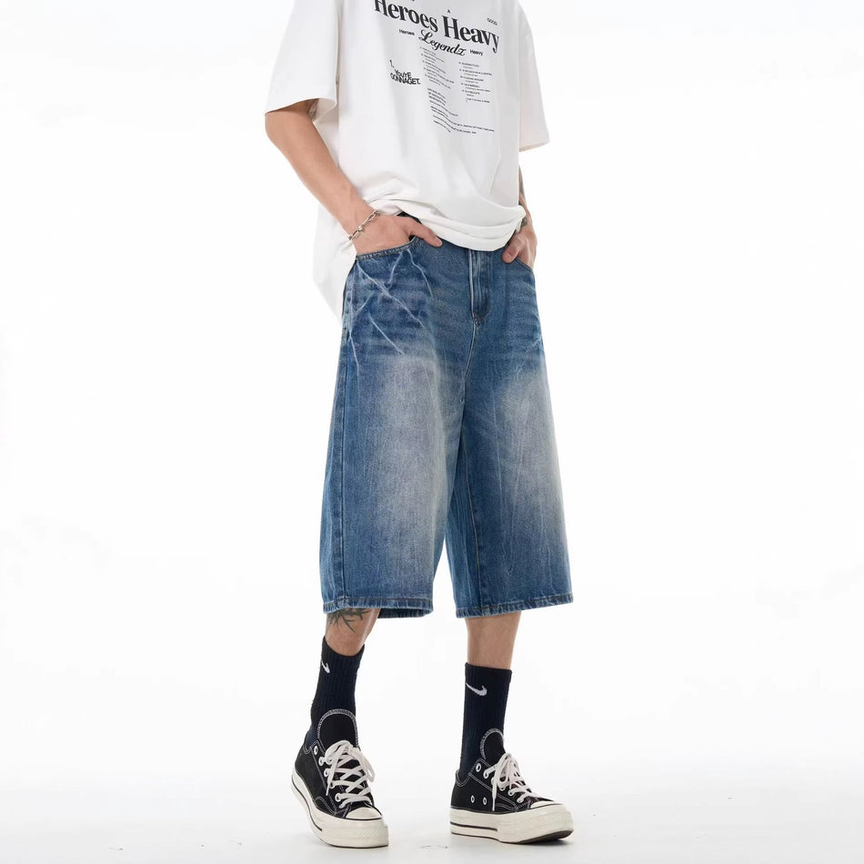 Unisex Retro Washed Denim Shorts Loose Wide-Leg Mid-Length Fit
