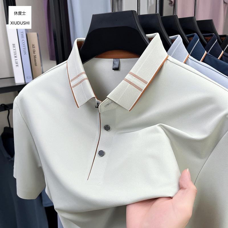 Men's Mulberry Silk Polo Shirt Color Block Short Sleeve Style