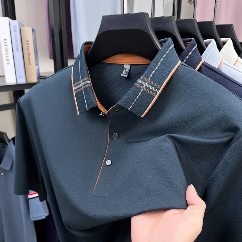 Men's Mulberry Silk Polo Shirt Color Block Short Sleeve Style