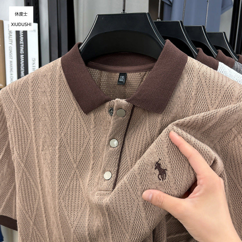 Men's Loose Fit Knitted Texture Polo Shirt Short Sleeve Casual