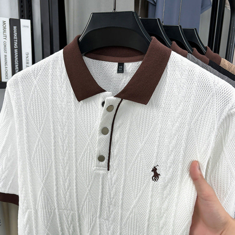 Men's Loose Fit Knitted Texture Polo Shirt Short Sleeve Casual