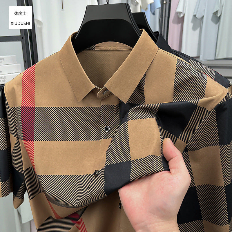 Men's Ice Silk Plaid Shirt Short Sleeve Business Casual Style