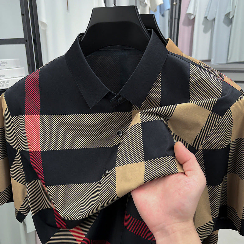 Men's Ice Silk Plaid Shirt Short Sleeve Business Casual Style