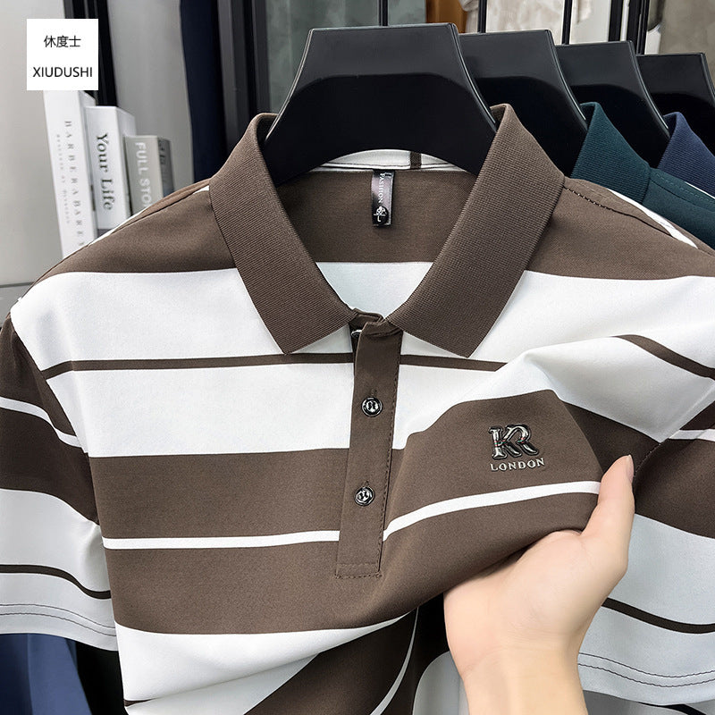 Men's Ice Silk Striped Polo Shirt Loose Business Casual Style
