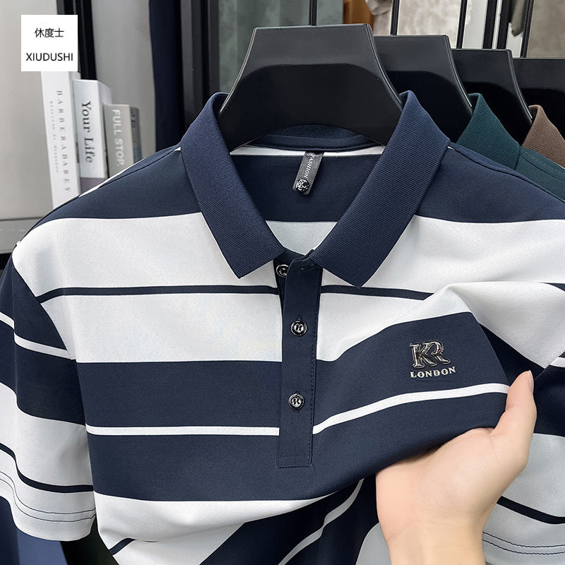 Men's Ice Silk Striped Polo Shirt Loose Business Casual Style