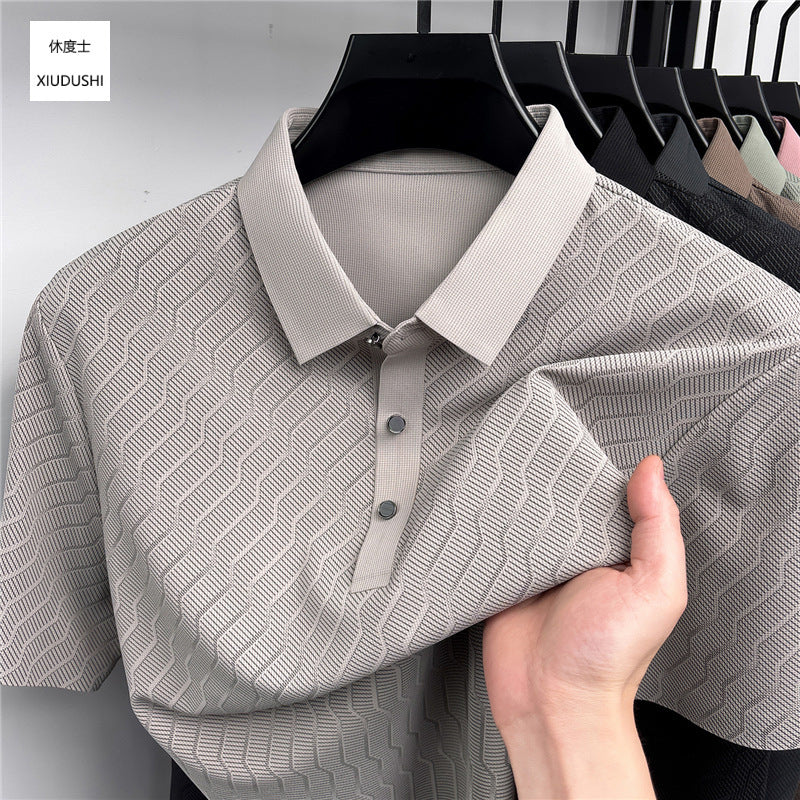 Men's Seamless Ice Silk Striped Polo Shirt Breathable Loose Fit