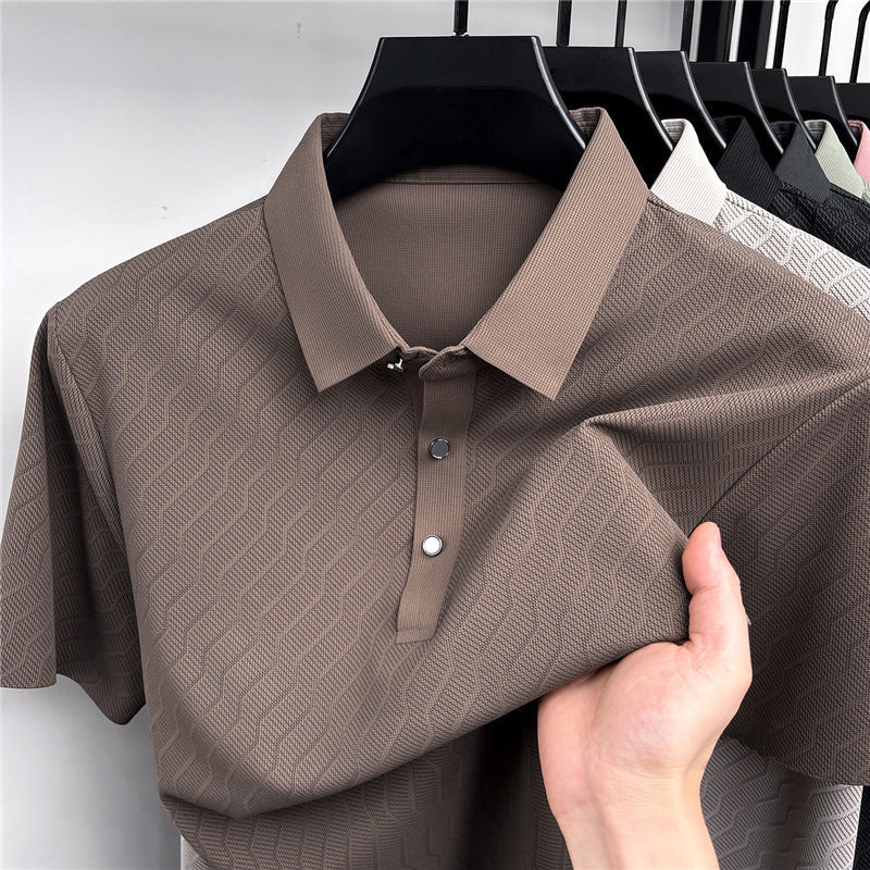 Men's Seamless Ice Silk Striped Polo Shirt Breathable Loose Fit