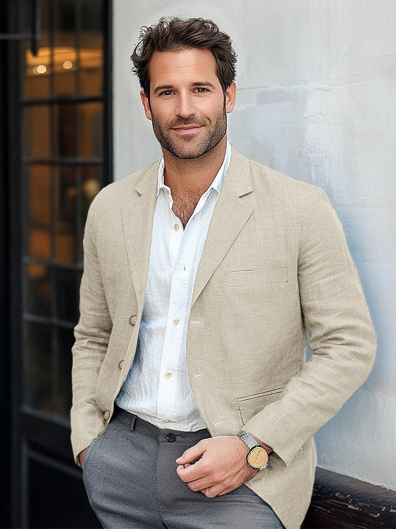 Men's Cotton Linen Solid Color Casual Suit Jacket
