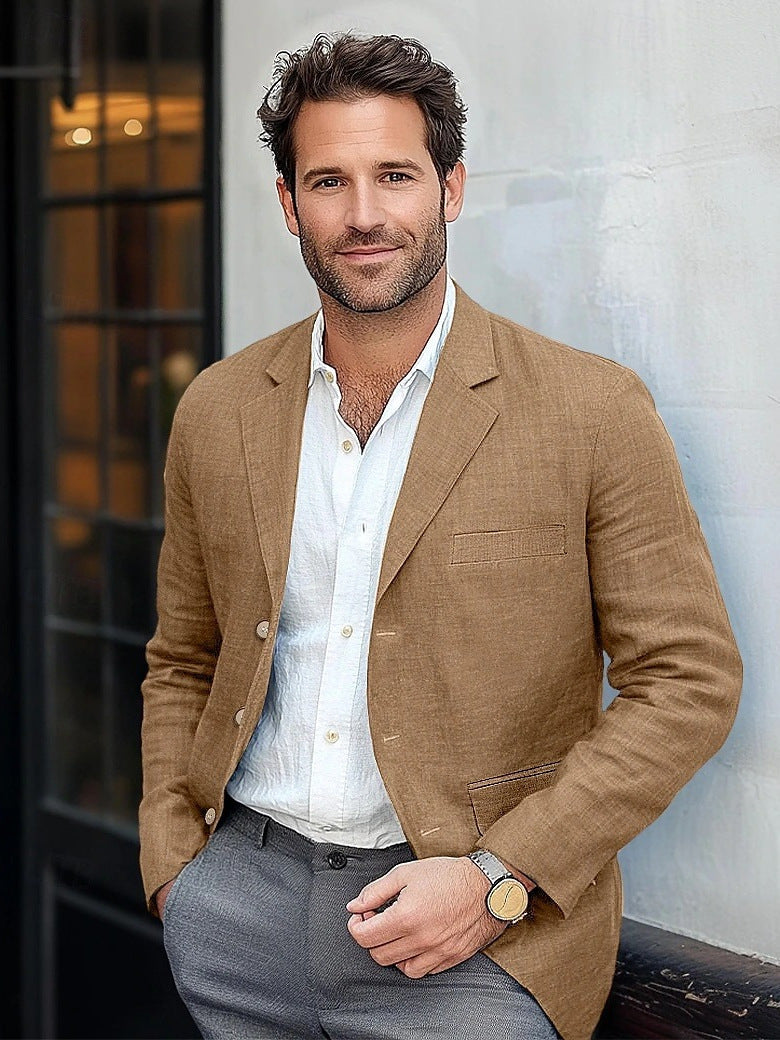 Men's Cotton Linen Solid Color Casual Suit Jacket