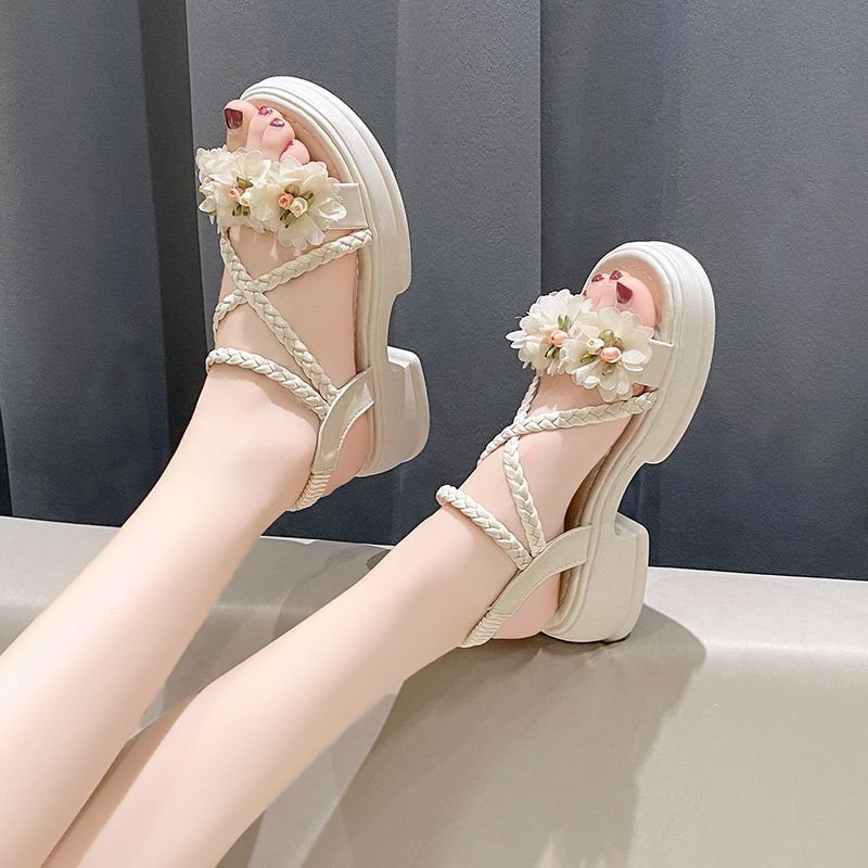Women's Pearl Floral Platform Roman Chunky Heel Sandals