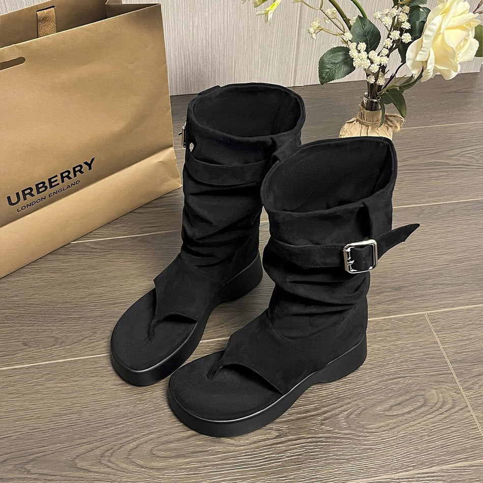 Women's Platform Toe Ring Sandals with Denim-Inspired Style