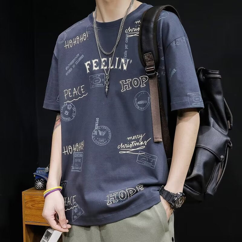 Men's Ice Silk Full Print T-Shirt Loose Fit Short Sleeve