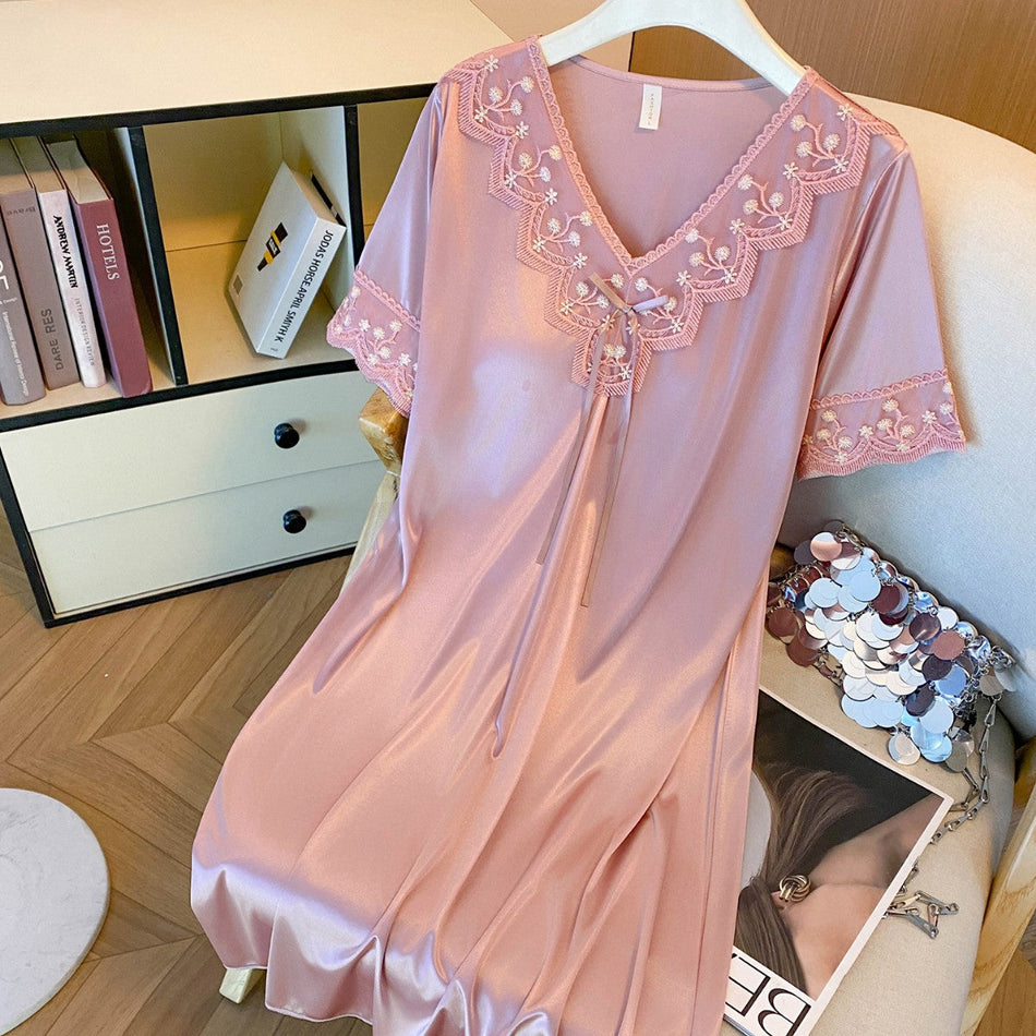 Women's Ice Silk Lace Trim Pajama Set with Built-In Support