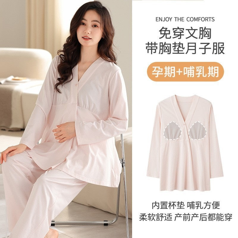 Maternity Cotton Long Sleeve Pajama Set with Built-In Support