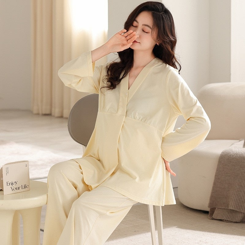 Maternity Cotton Long Sleeve Pajama Set with Built-In Support