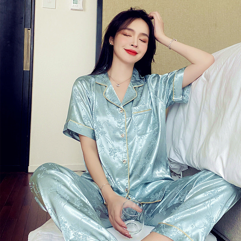 Women's Floral Ice Silk Pajama Set with Long Pants