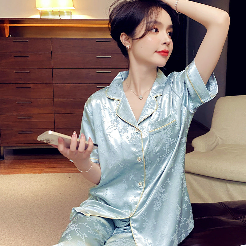 Women's Floral Ice Silk Pajama Set with Long Pants
