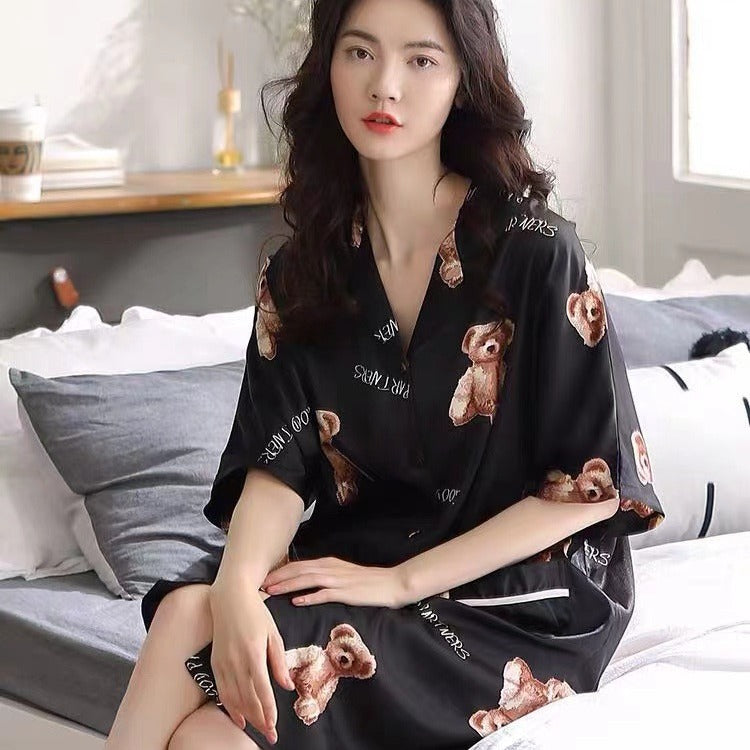 Women's Ice Silk Long Sleeve Nightgown with Built-In Support