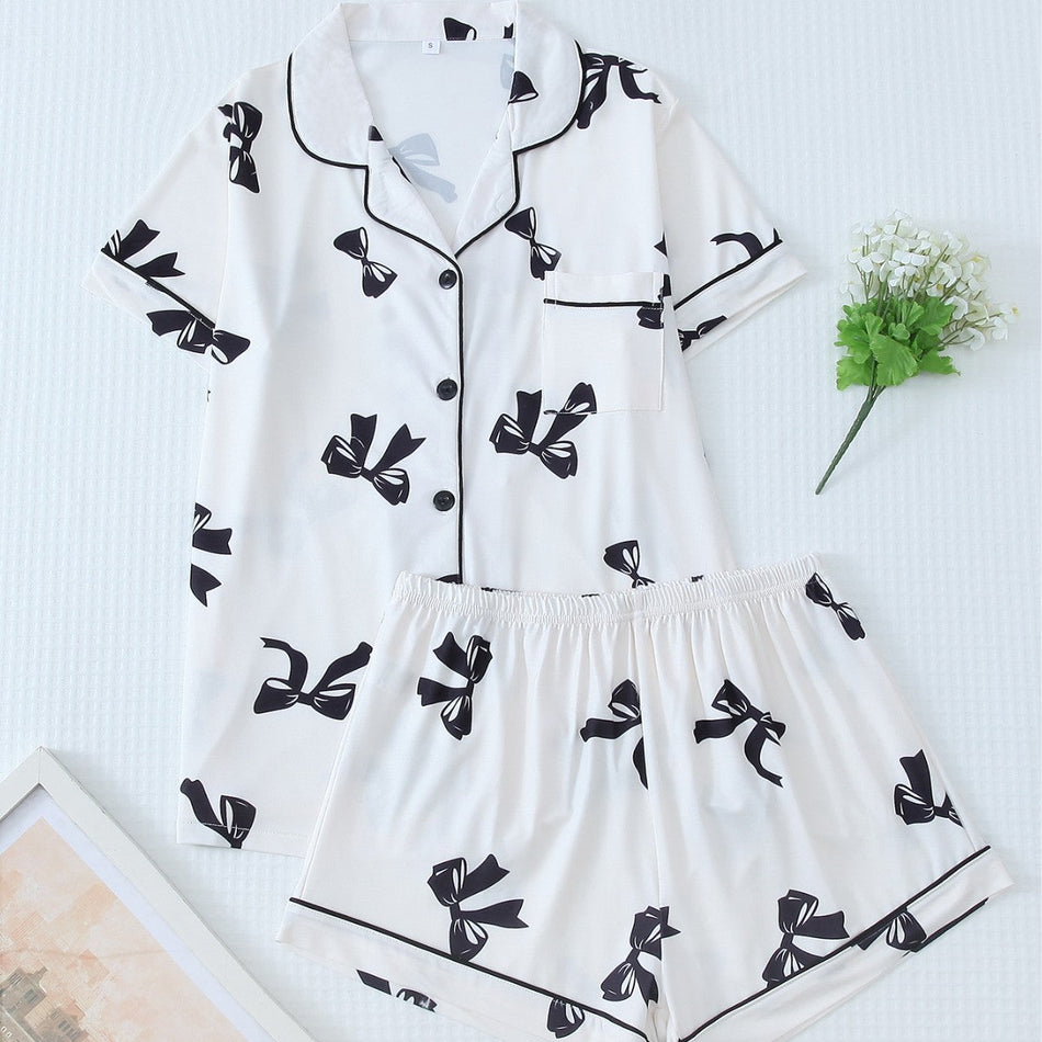 Women's Bow Detail Pajama Set with Shorts and Lapel Collar