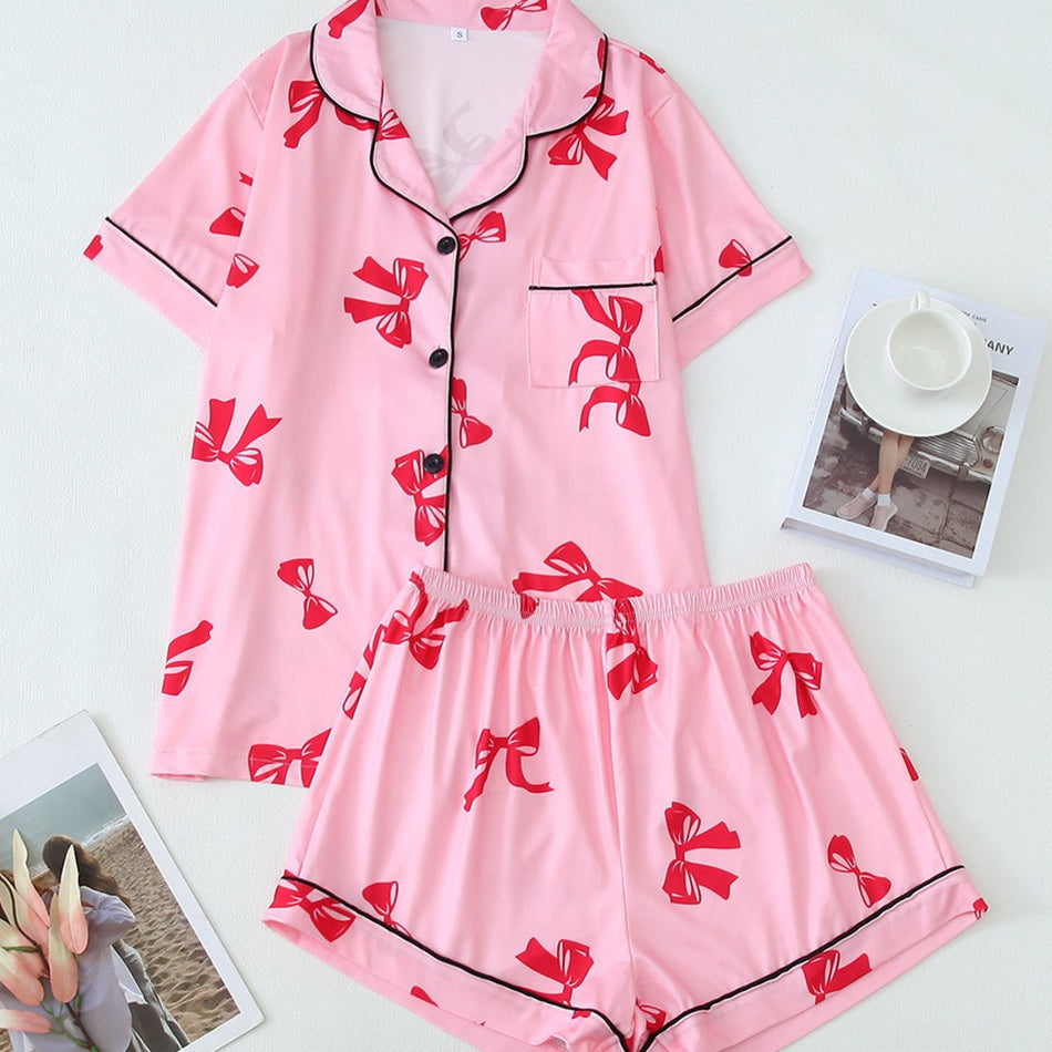 Women's Bow Detail Pajama Set with Shorts and Lapel Collar