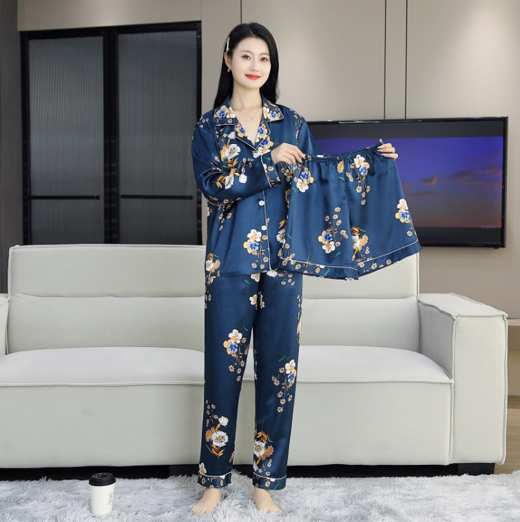 Women's Ice Silk Three-Piece Pajama Set with Long Pants