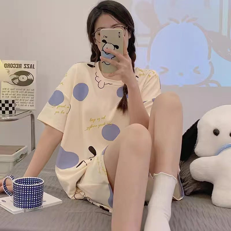 Women's Cartoon Print Pajama Set with Shorts and Crew Neck