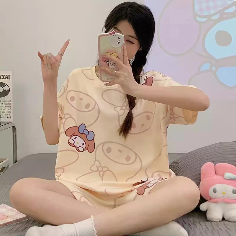 Women's Cartoon Print Pajama Set with Shorts and Crew Neck
