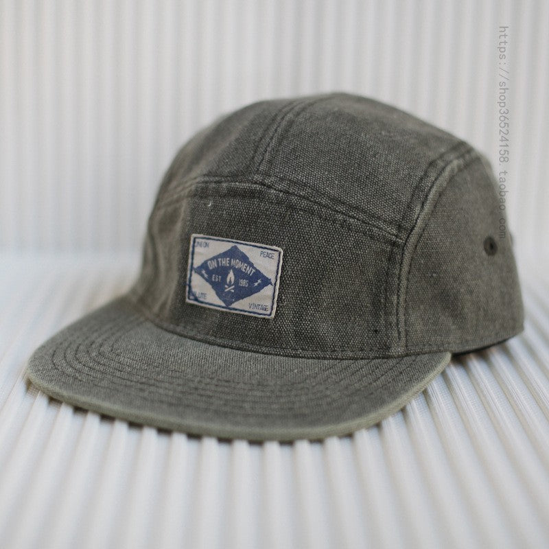 Washed Cotton Linen Flat Brim Baseball Cap for Men, Retro Style