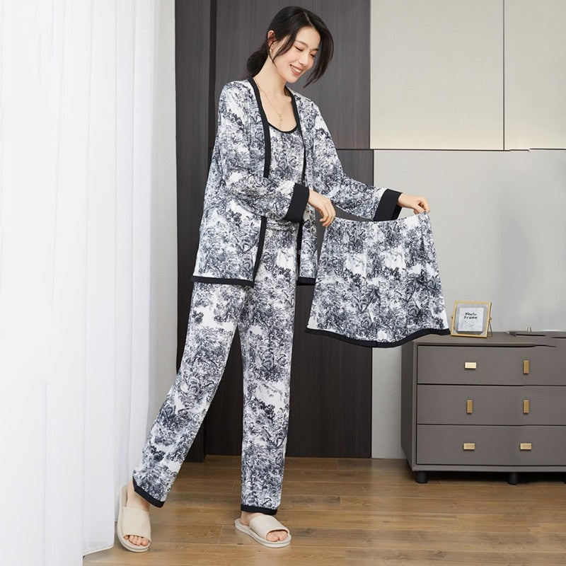 Women's Ink Print Four-Piece Loungewear Set with Long Pants