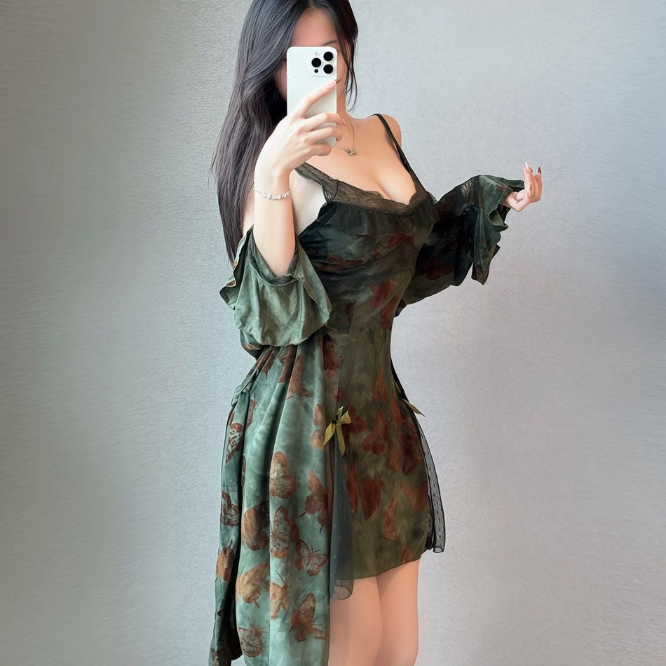 Women's Printed Nightdress and Robe Set with Built-In Support