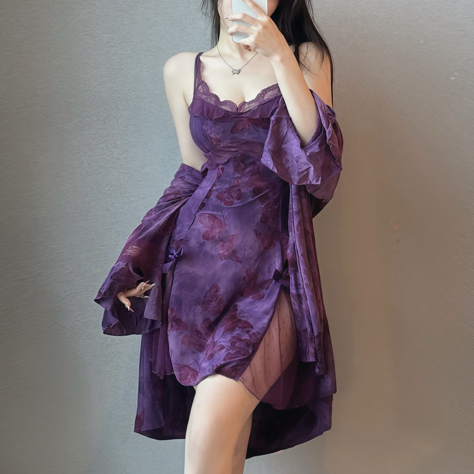 Women's Printed Nightdress and Robe Set with Built-In Support