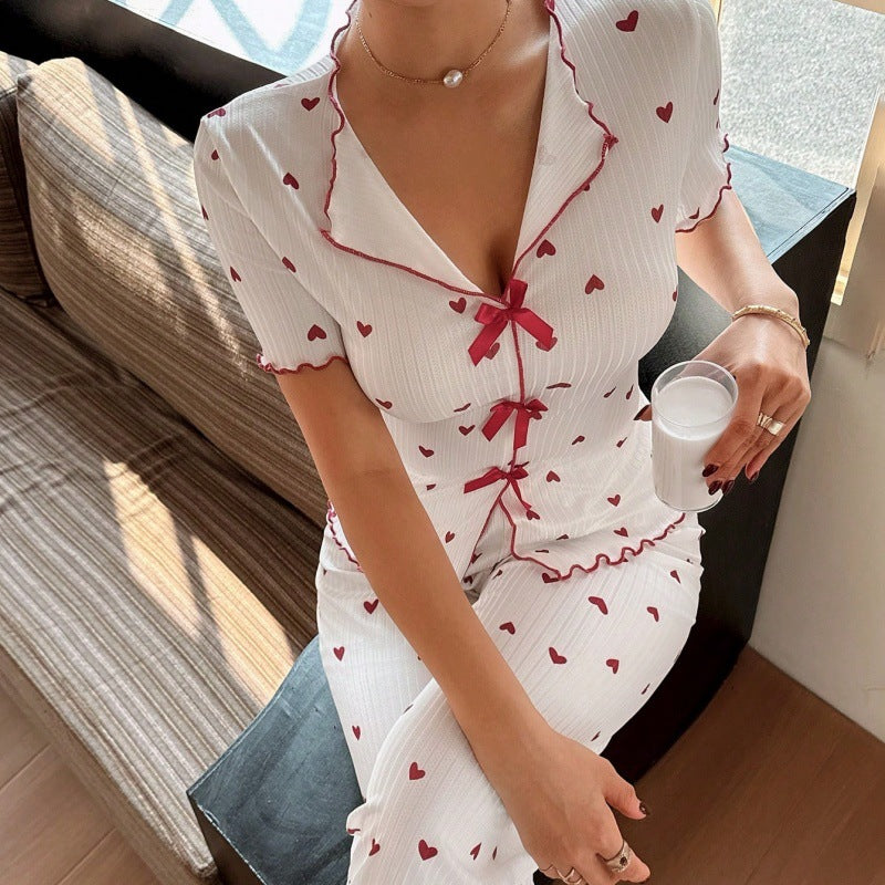 Women's Heart Print Pajama Set with Lapel Top and Trousers