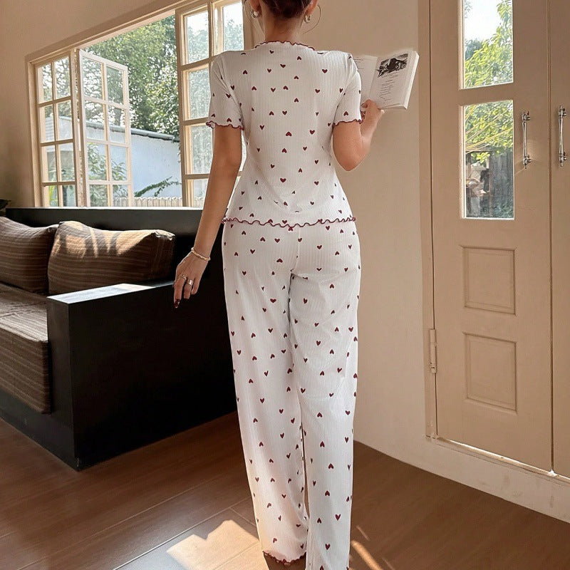 Women's Heart Print Pajama Set with Lapel Top and Trousers
