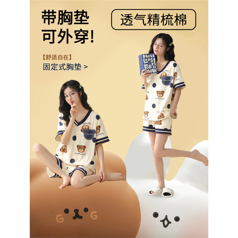Women's Cotton Bear Print Pajama Set with Built-In Support