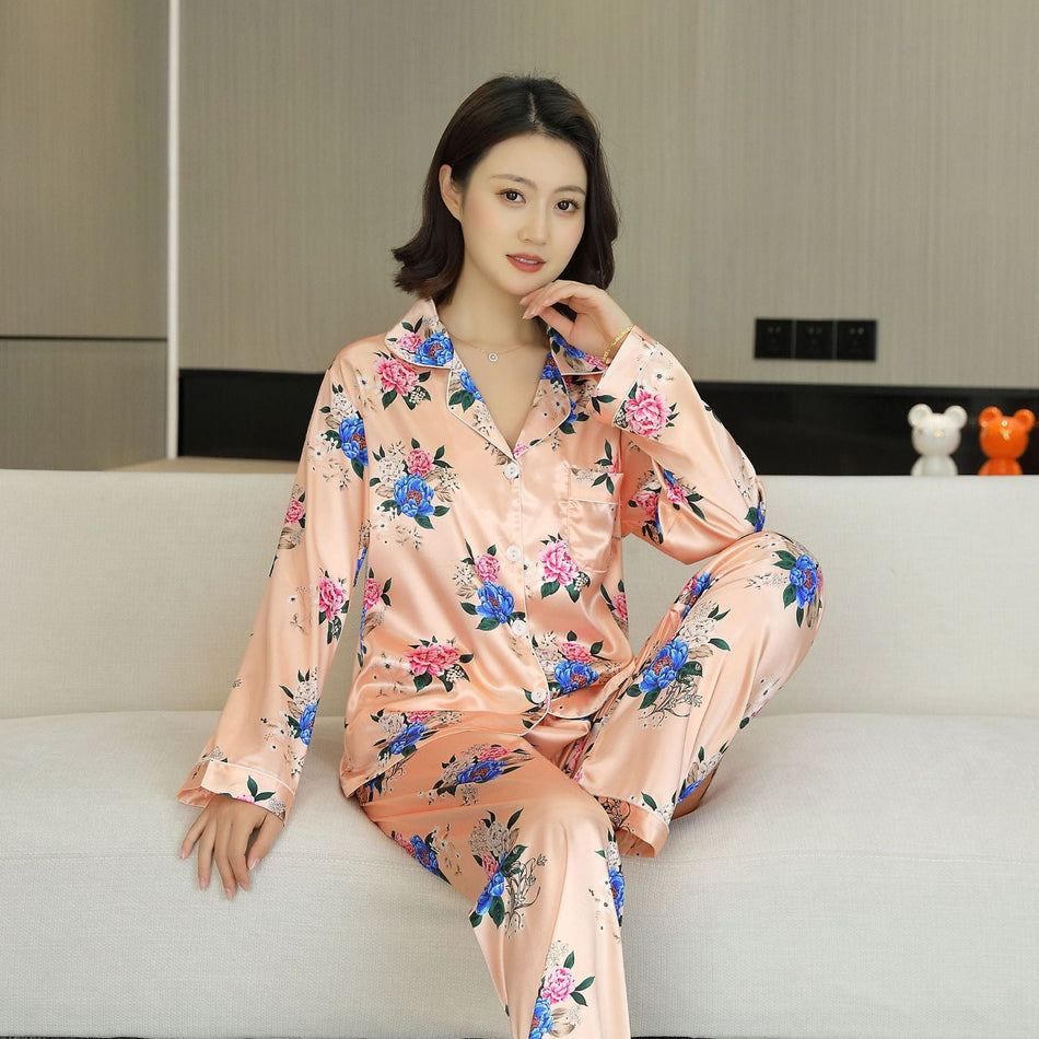 Women's Peony Print Ice Silk Pajama Set with Long Pants
