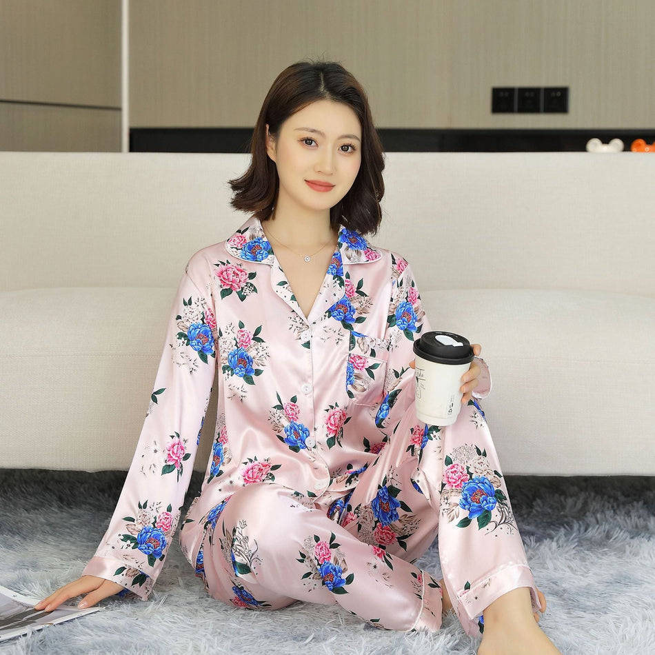 Women's Peony Print Ice Silk Pajama Set with Long Pants