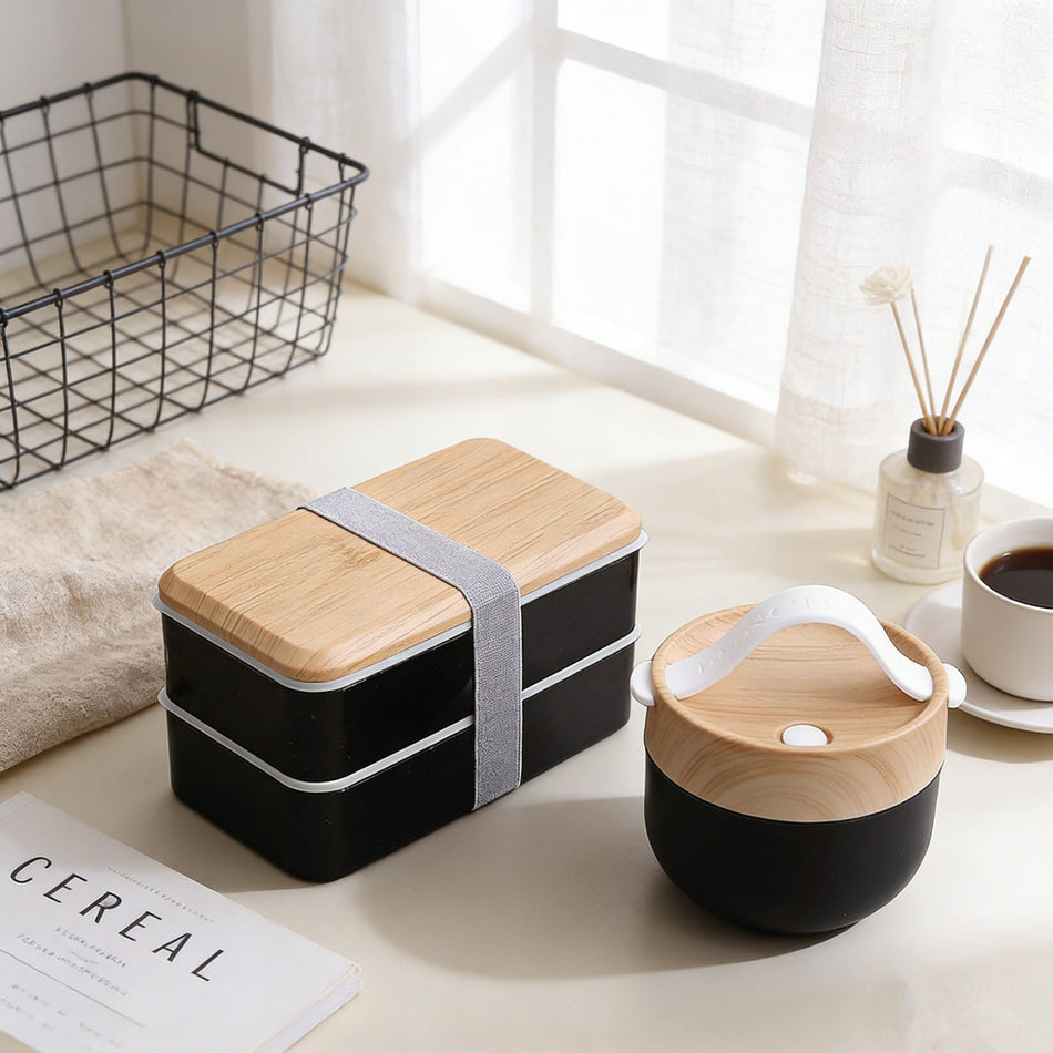 Japanese Wood Grain Lunch Box Set, Food-Grade PP