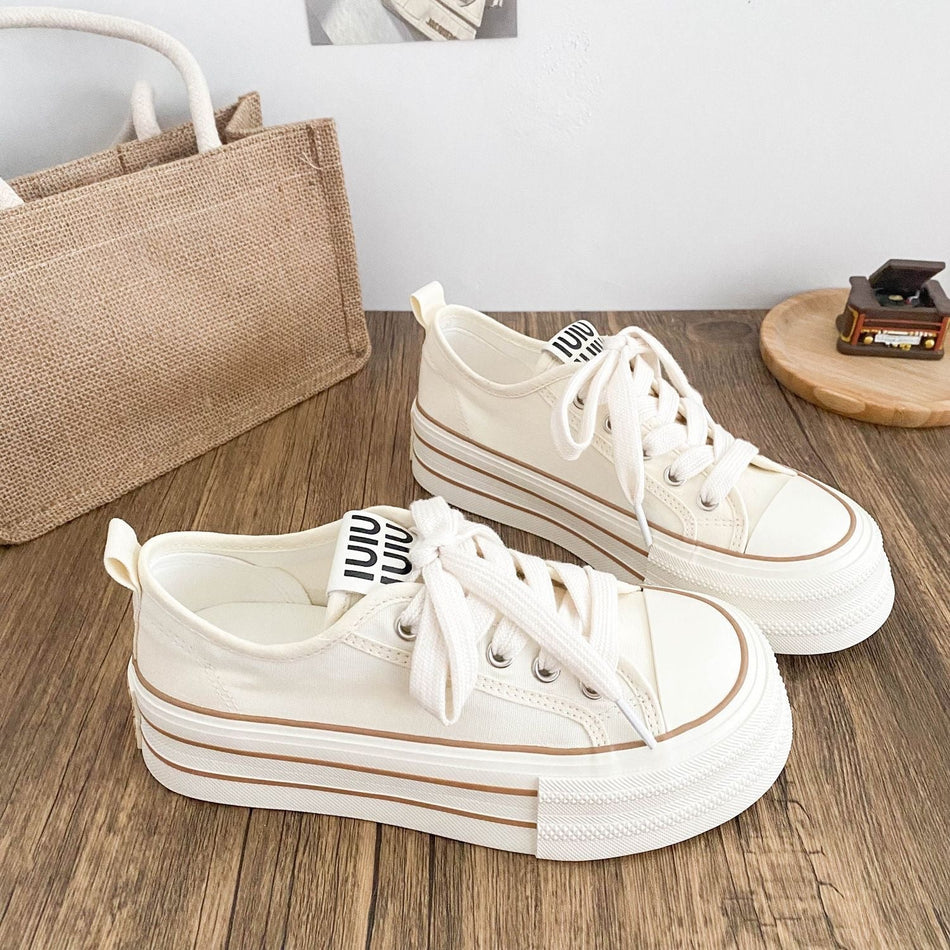 Women's Round Toe Canvas Sneakers with Lace-Up Design