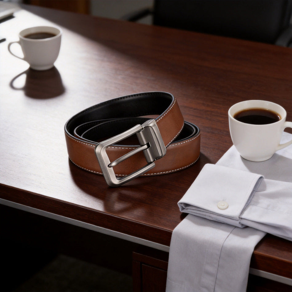 Men's Two-Layer Cowhide Rotating Buckle Business Belt