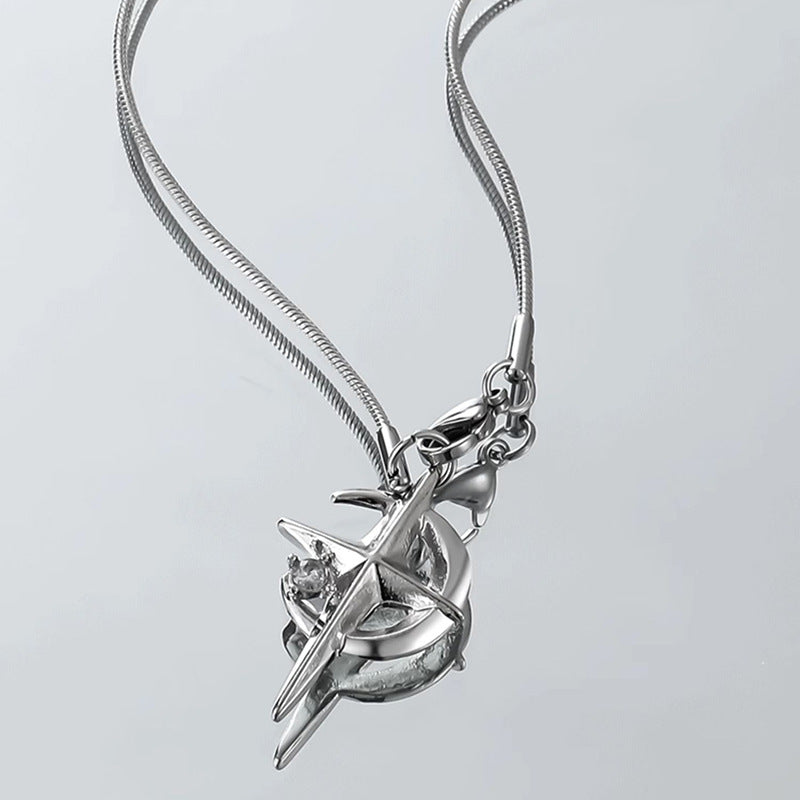 Titanium Steel Cross Crescent Pendant Necklace Unisex