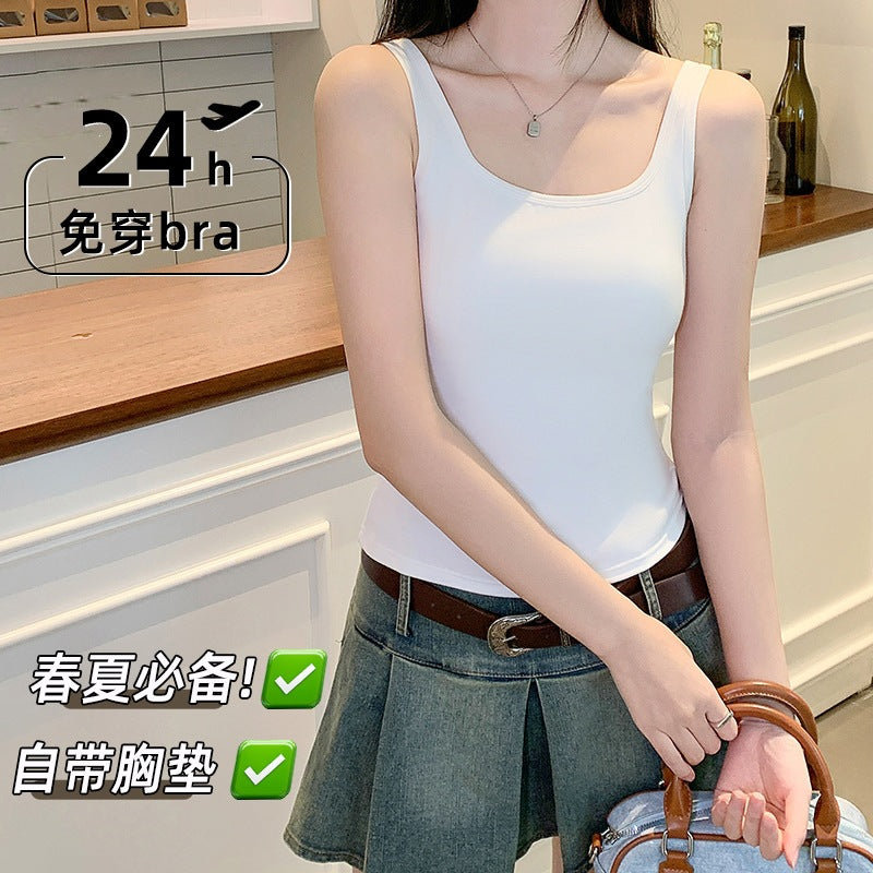 Women's Lace Trim Square Neck Camisole with Chest Pad