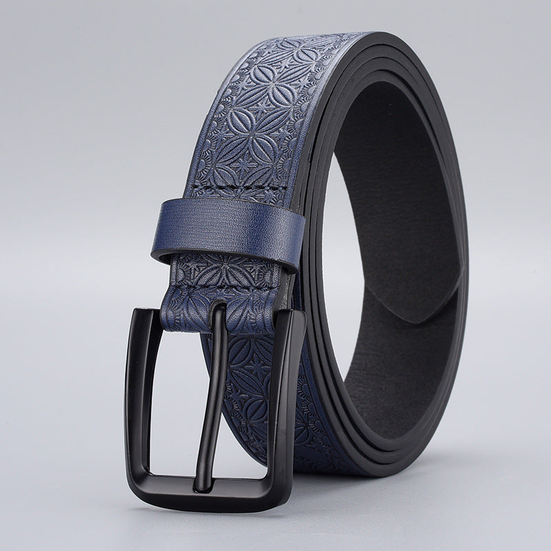 Men's Embossed PU Leather Belt with Zinc Alloy Pin Buckle