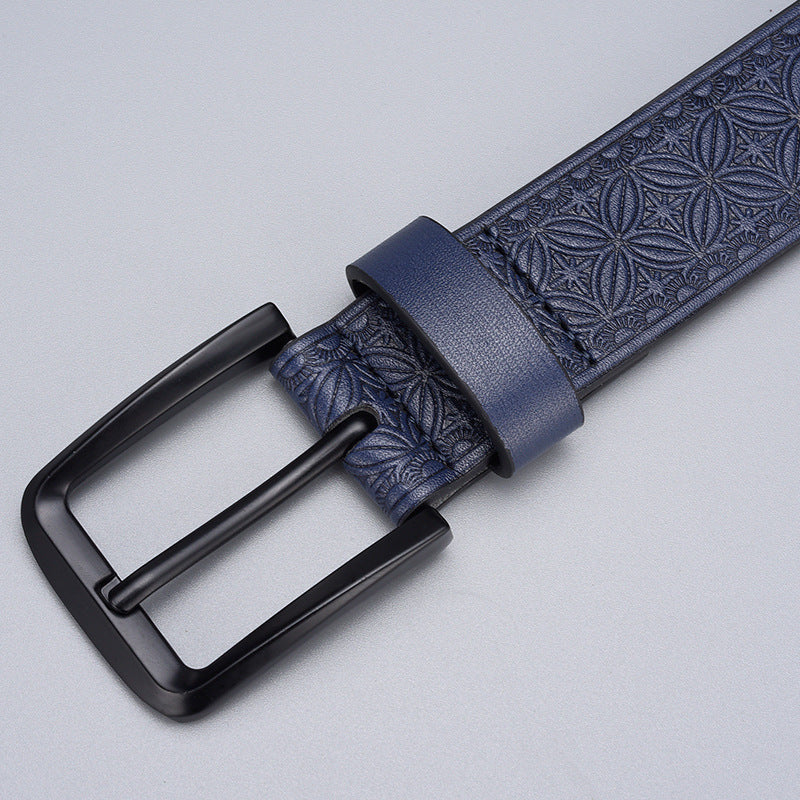Men's Embossed PU Leather Belt with Zinc Alloy Pin Buckle