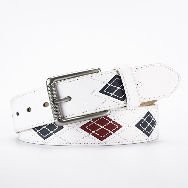 Men's Embroidered White Leather Belt with Pin Buckle